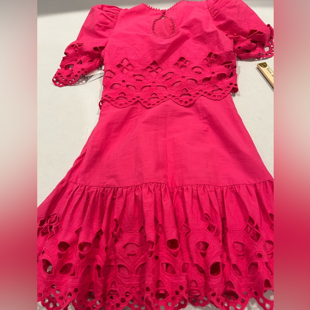 New Saylor Auroette Eyelet Puff‎ Sleeve Cotton Poplin Dress in Hot Pink Size XS - Picture 11 of 14